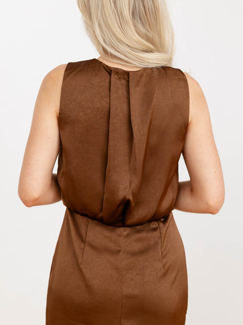 brown silky side slit midi dress