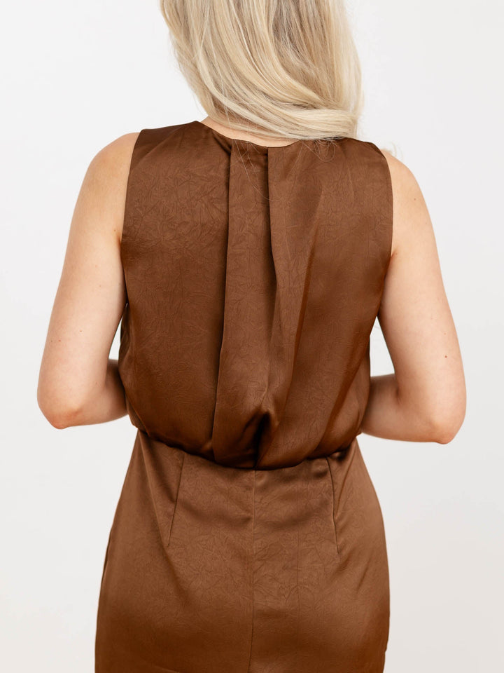 brown silky side slit midi dress