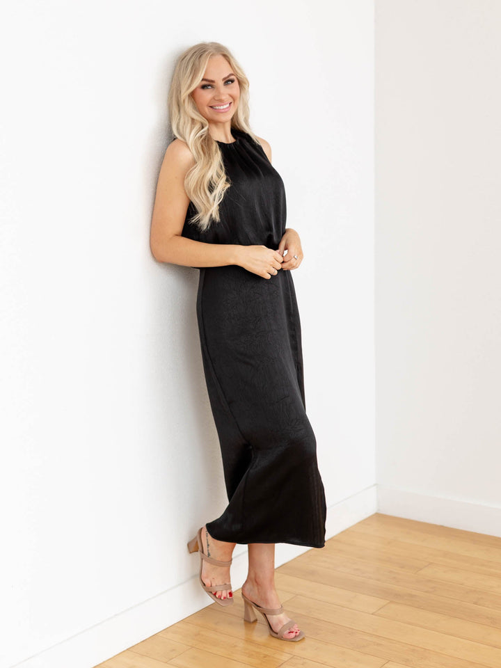 black silky side slit midi dress