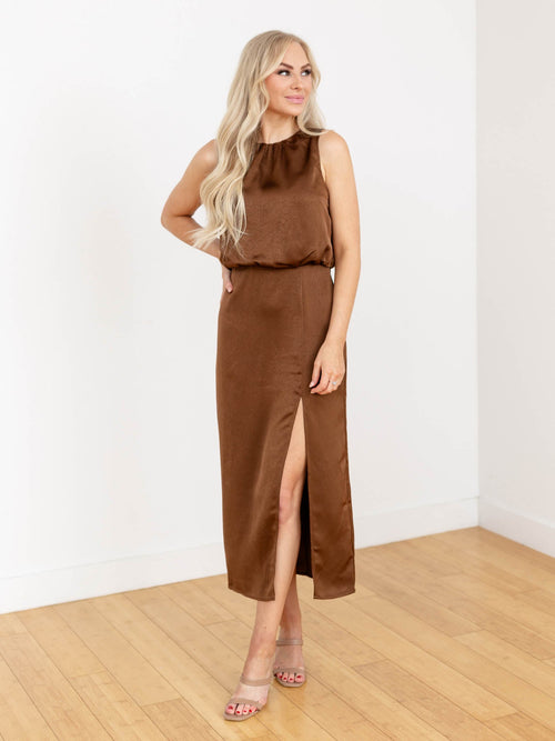 brown silky side slit midi dress