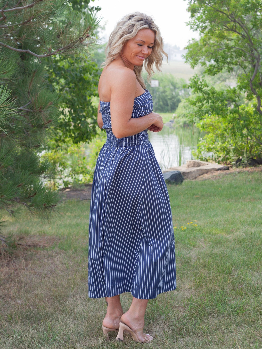 PINCH Striped Smocked Tube Midi Dress