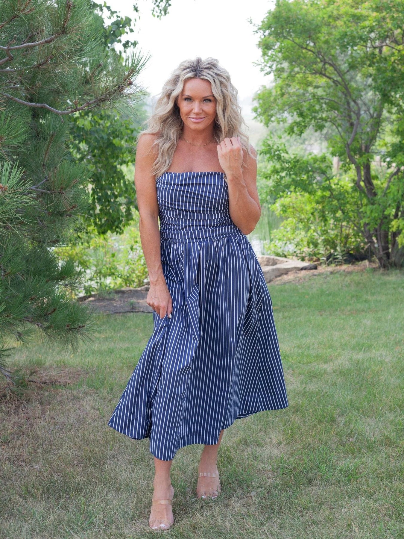 PINCH Striped Smocked Tube Midi Dress