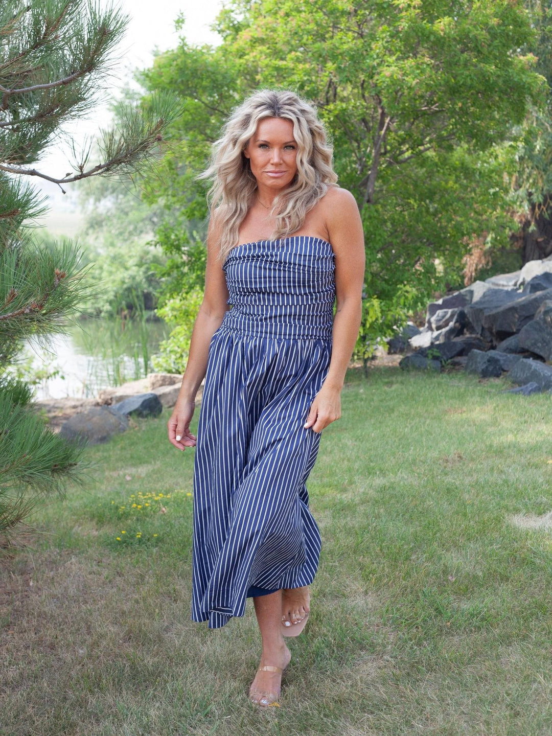 PINCH Striped Smocked Tube Midi Dress