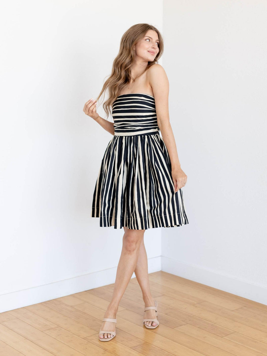 black and tan striped mini dress