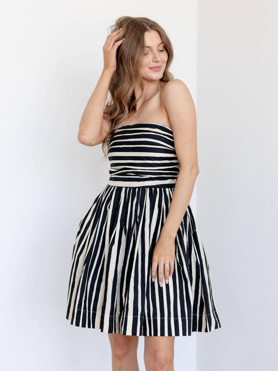 black and tan striped mini dress