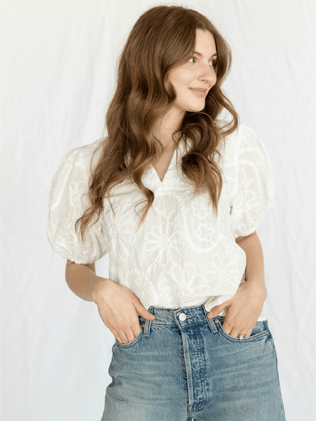white embroidered puff sleeve blouse