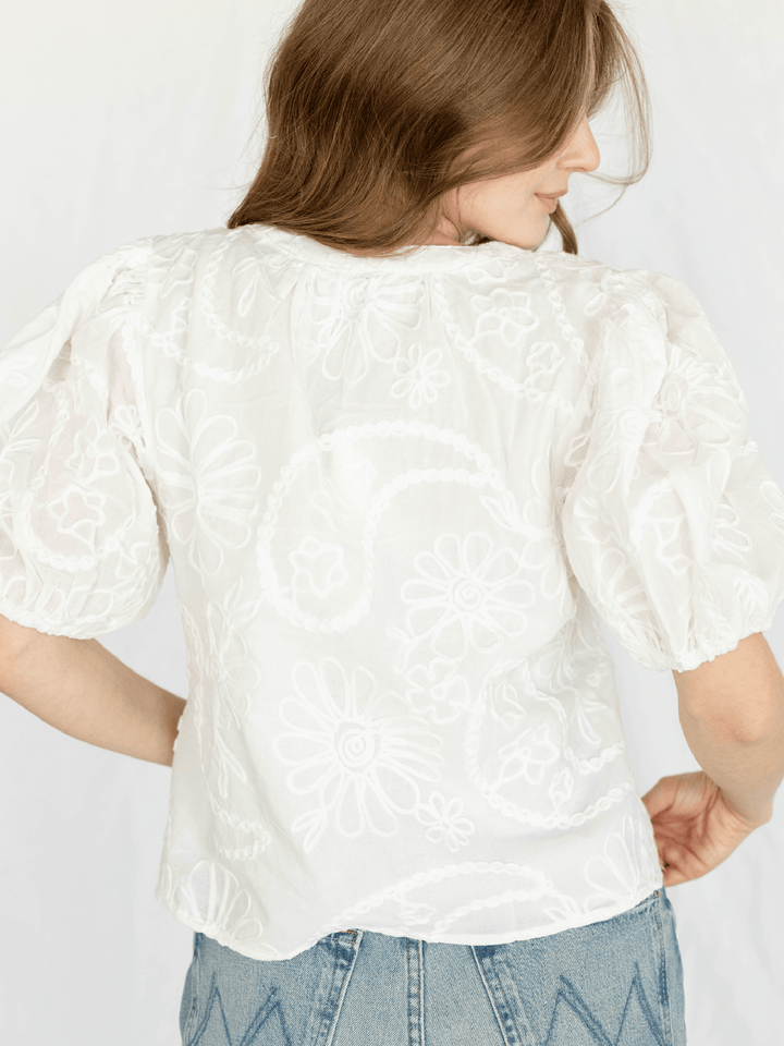 white embroidered puff sleeve blouse