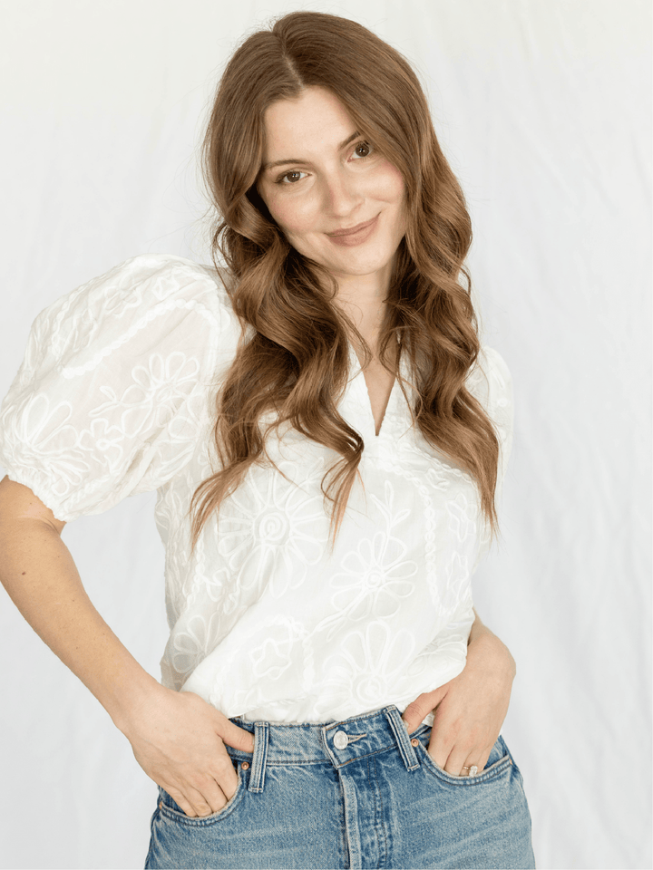 white embroidered puff sleeve blouse