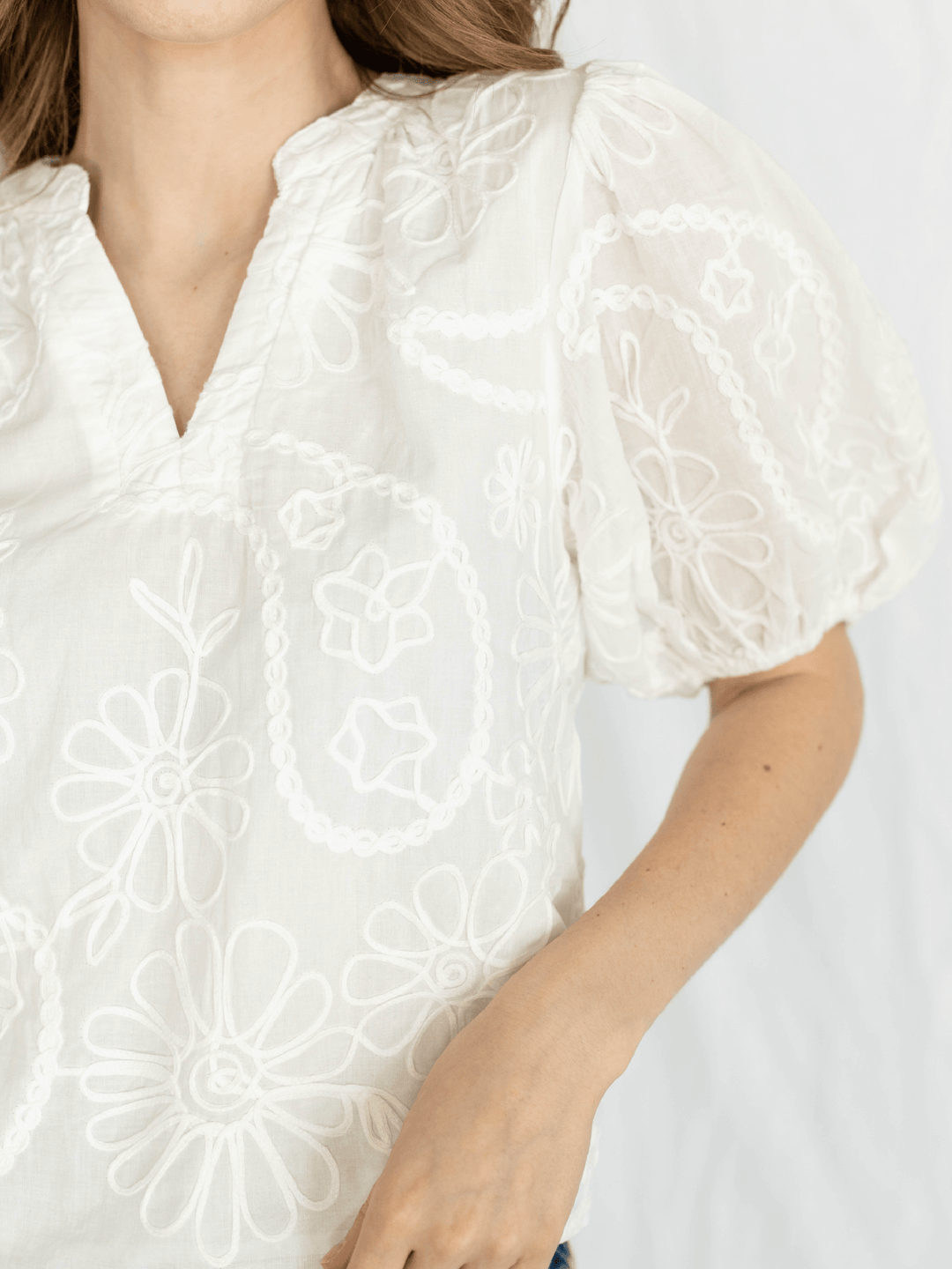 white embroidered puff sleeve blouse