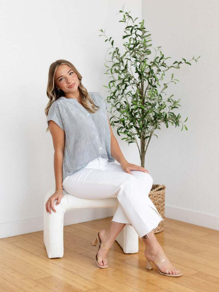 short sleeve pinstripe blouse