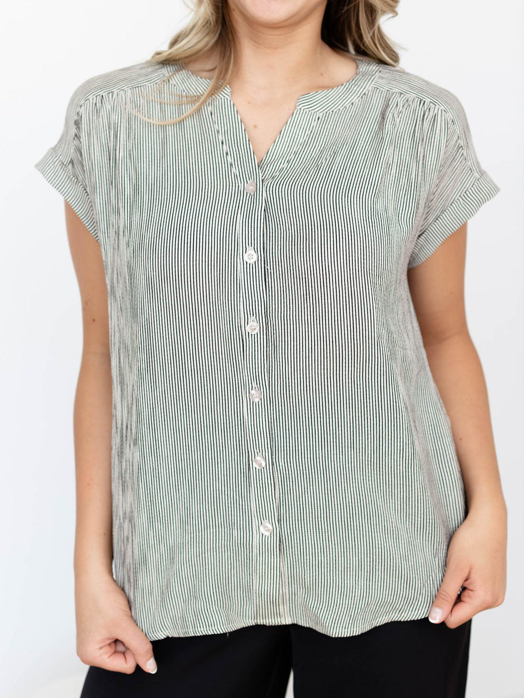 short sleeve pinstripe blouse