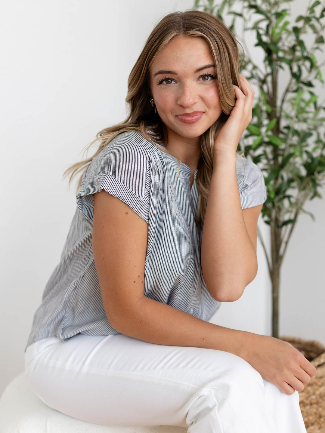 short sleeve pinstripe blouse