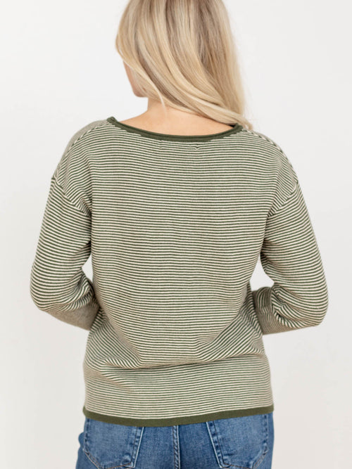 green and cream stripe sweater