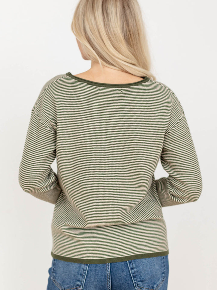 green and cream stripe sweater