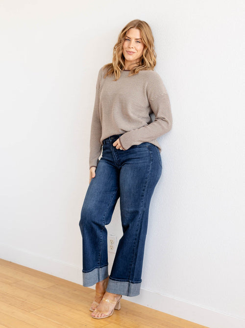 brown and white stripe sweater