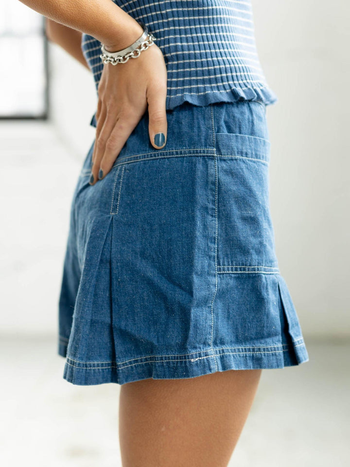 denim pleated skort