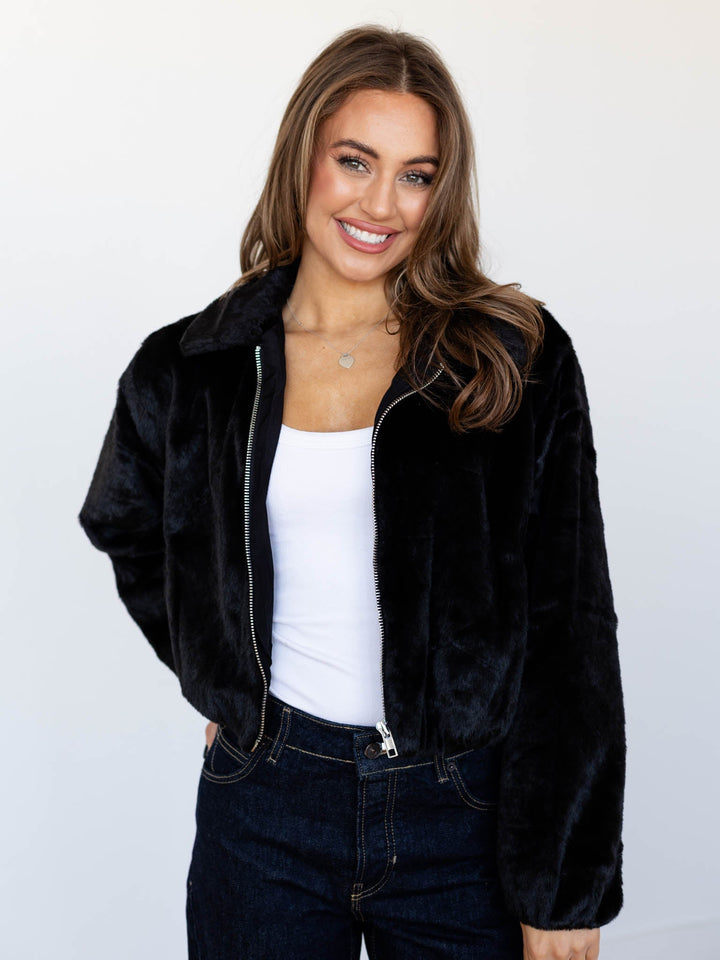 black faux fur zip front jacket