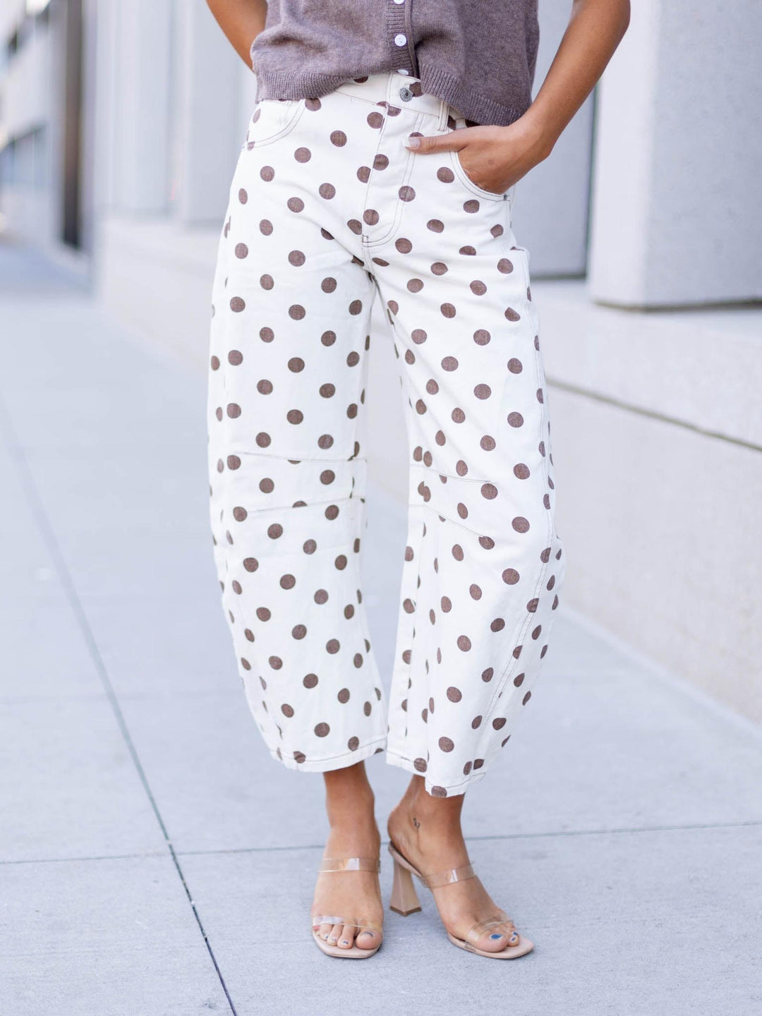 white and brown polka dot barrel pant