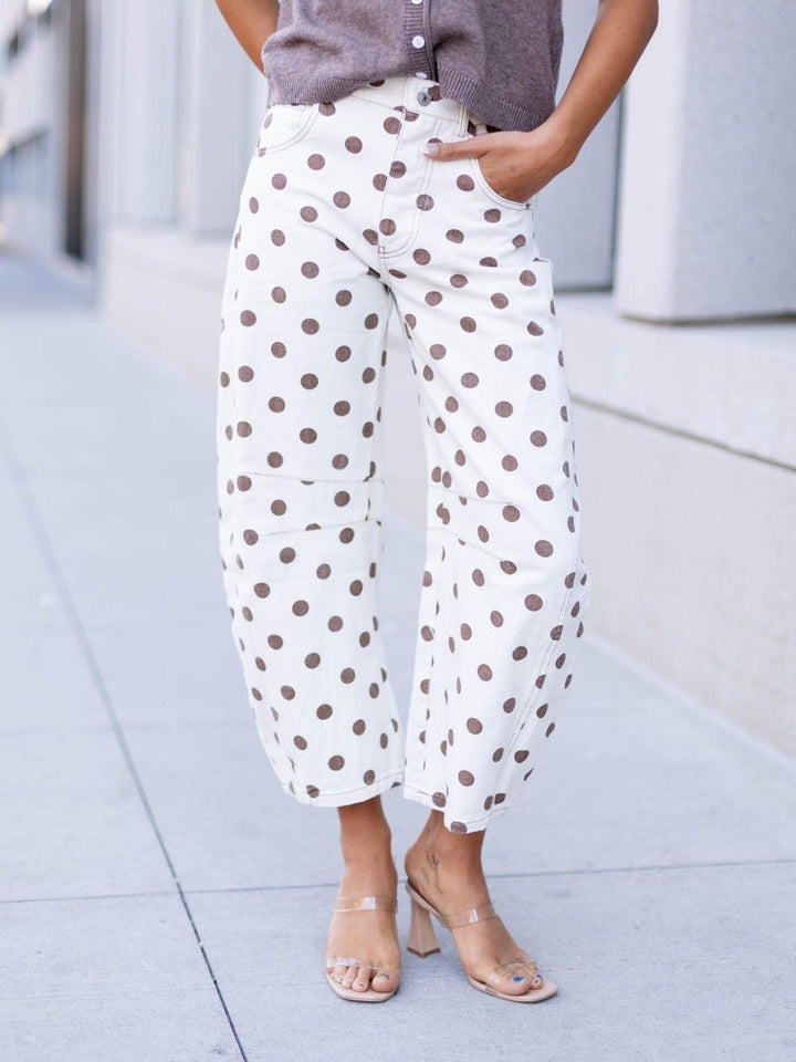 white and brown polka dot barrel pant