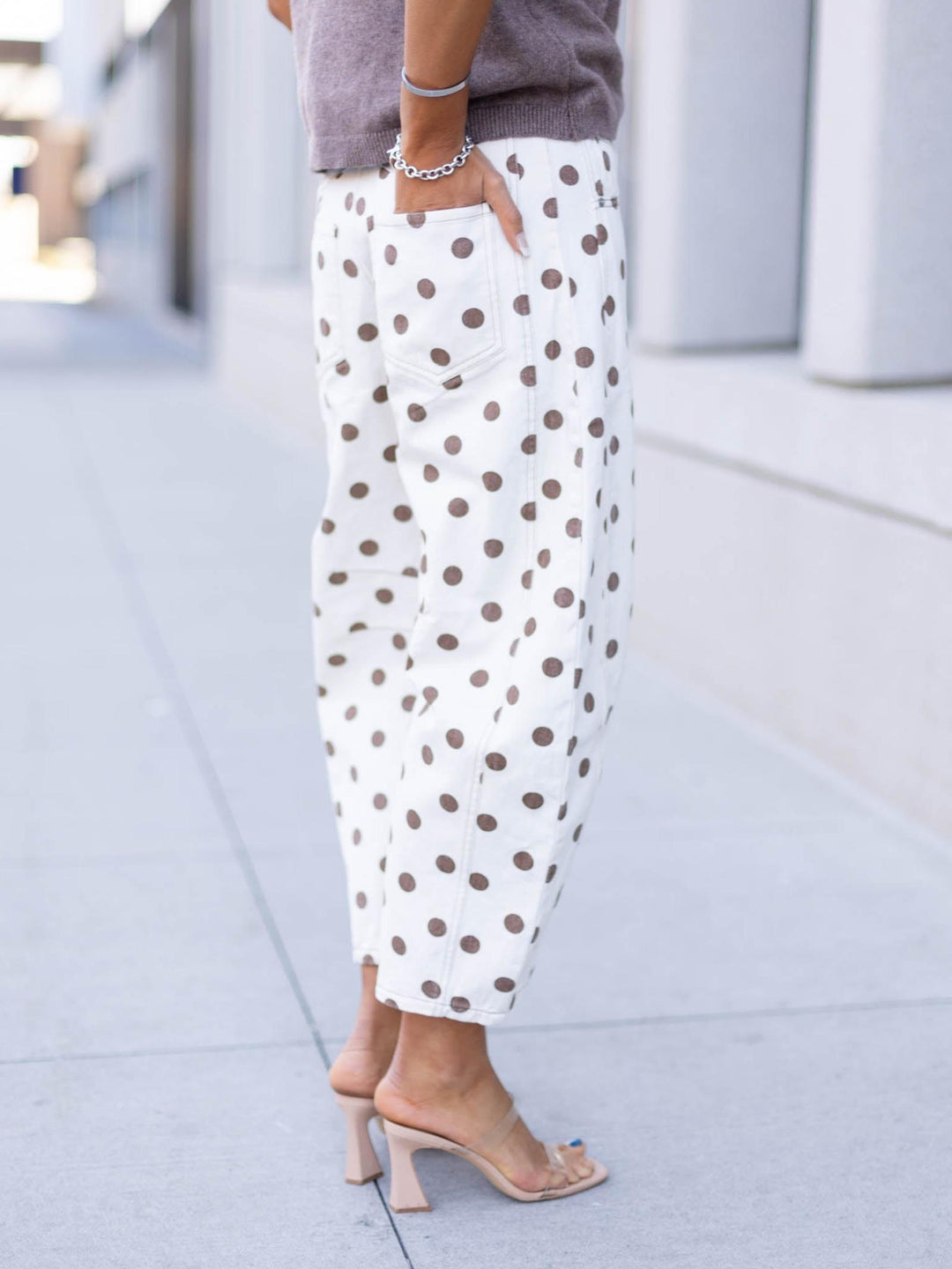 white and brown polka dot barrel pant