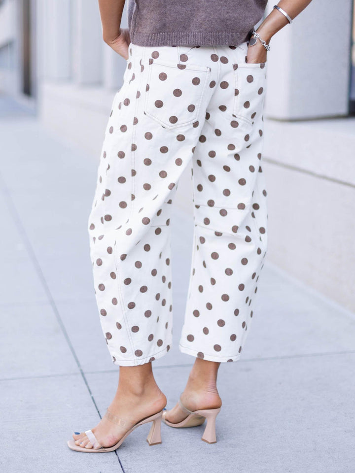 white and brown polka dot barrel pant