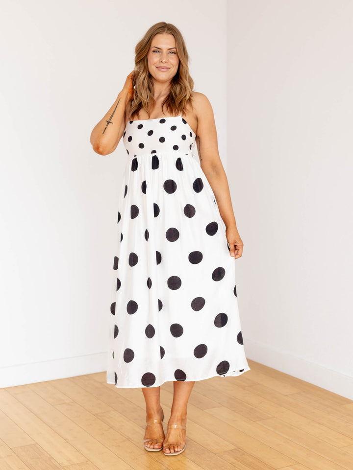 black and white polka dot midi dress