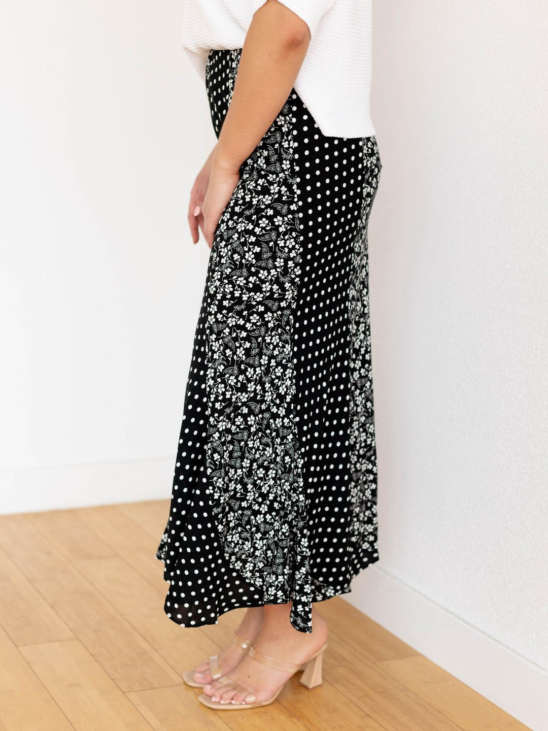 black and white polka dot and floral skirt