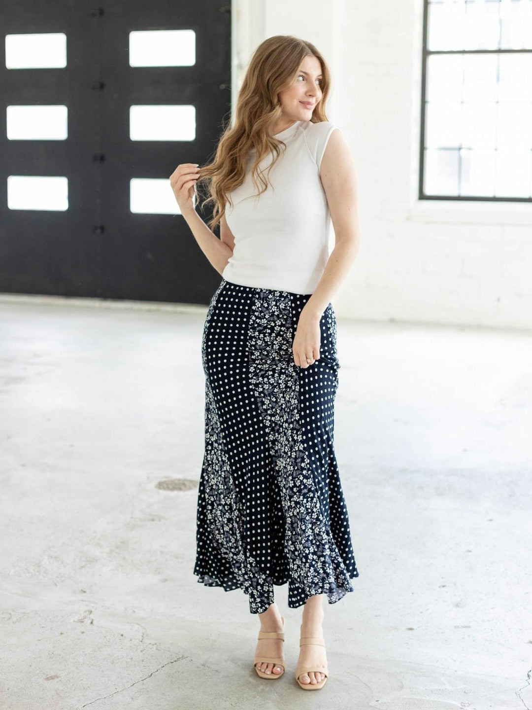 navy floral midi skirt