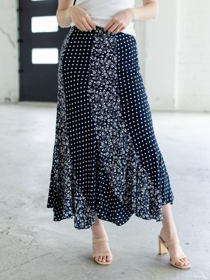 navy floral midi skirt