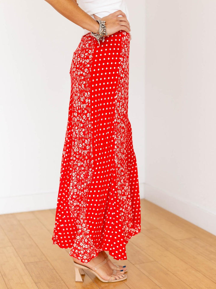 red mixed printed maxi skirt