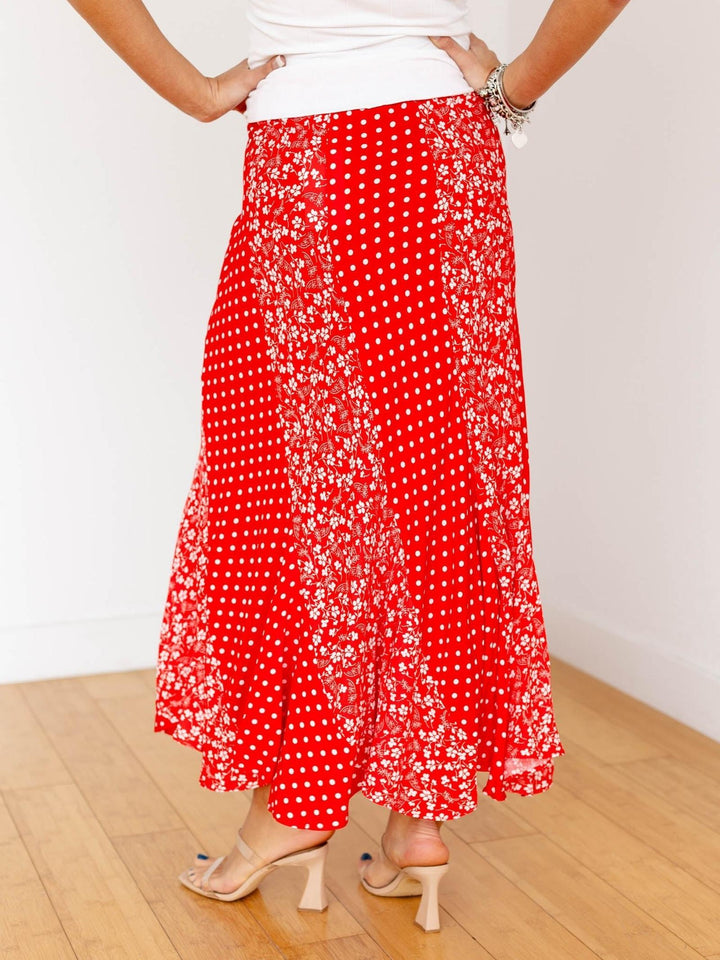 red mixed printed maxi skirt