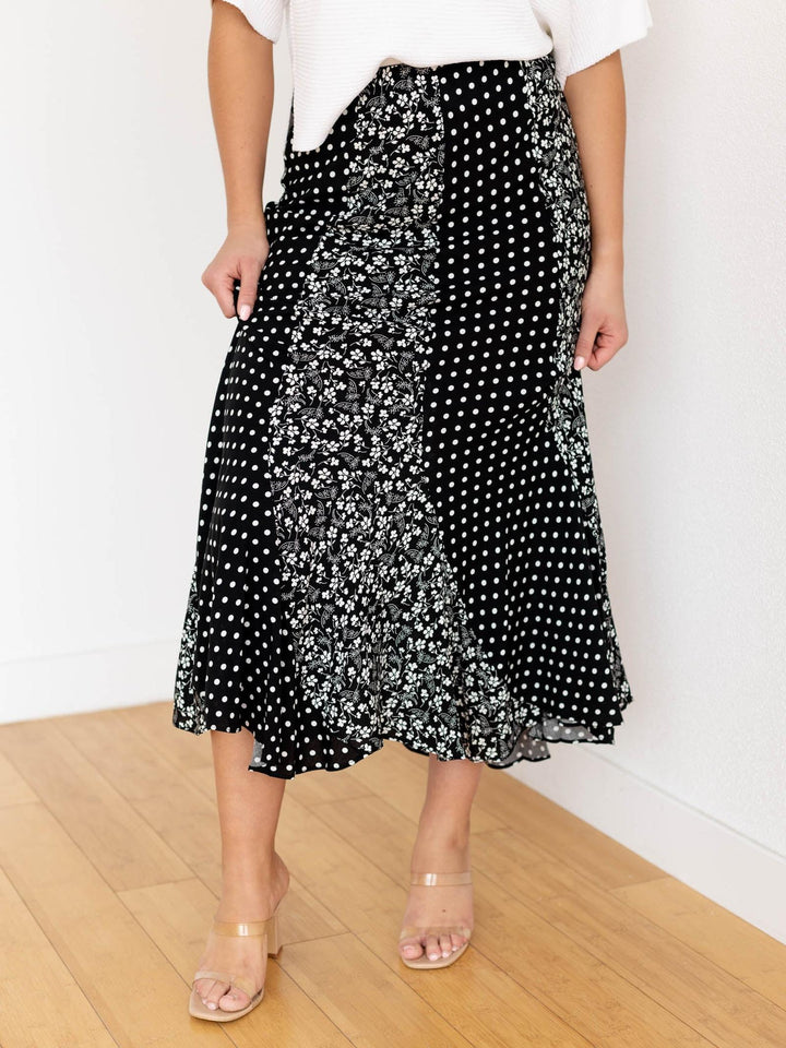 black and white polka dot and floral skirt