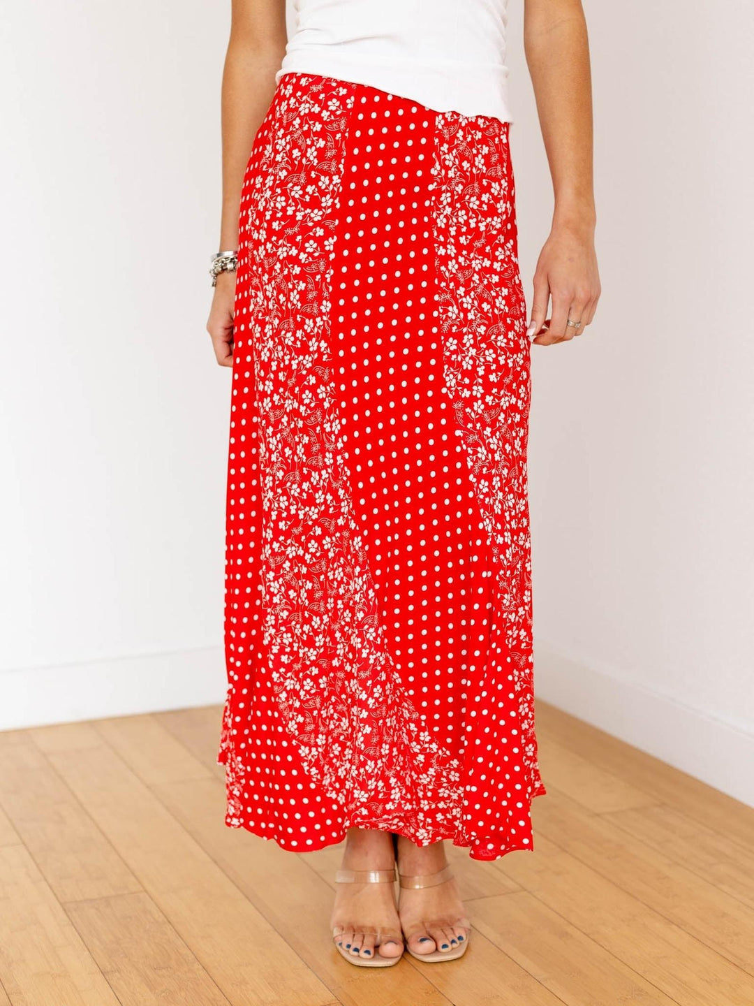 red mixed printed maxi skirt