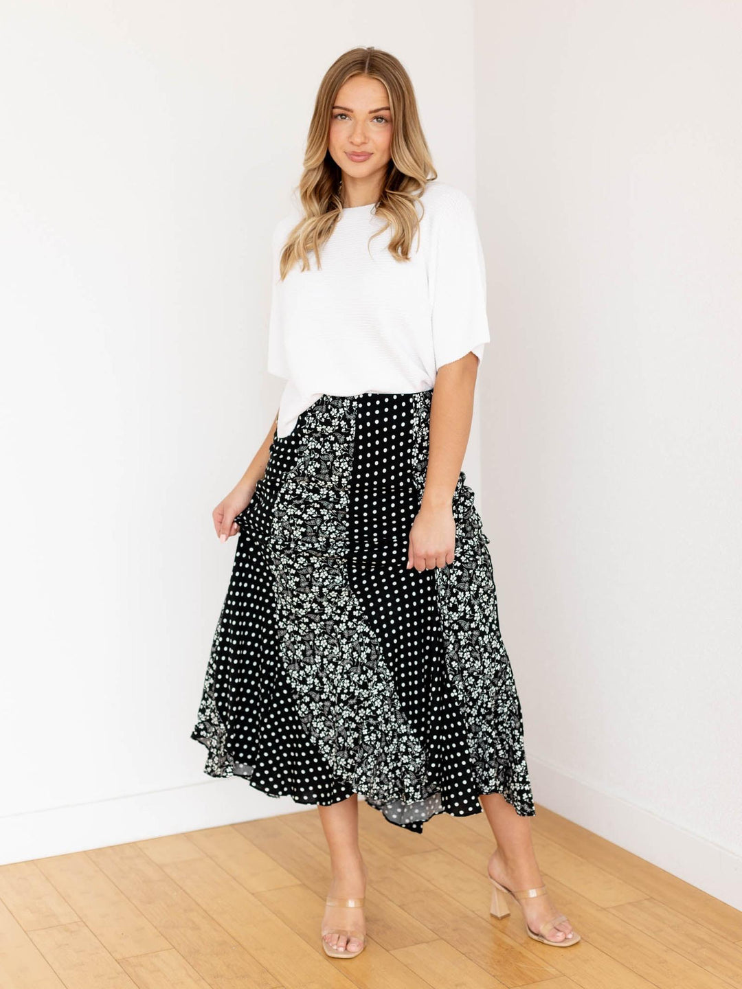 black and white polka dot and floral skirt