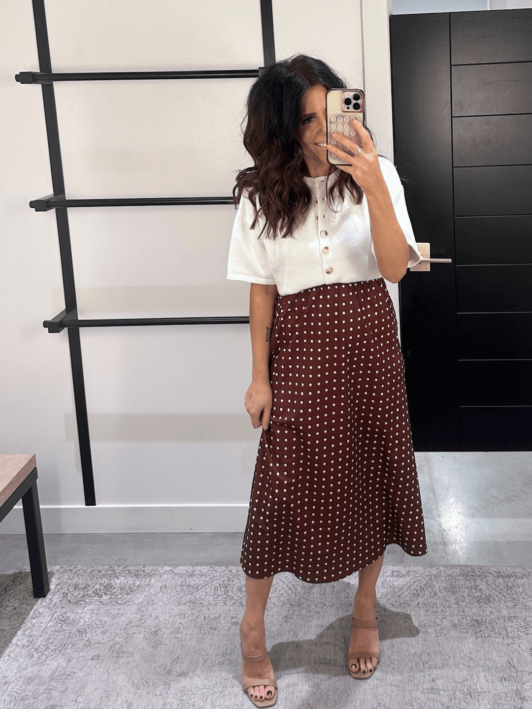 Polka Dot Satin Midi Skirt