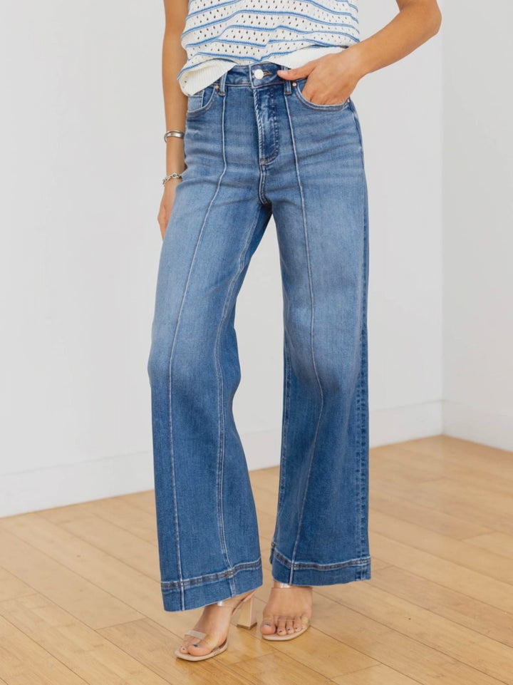 wide leg pintuck denim