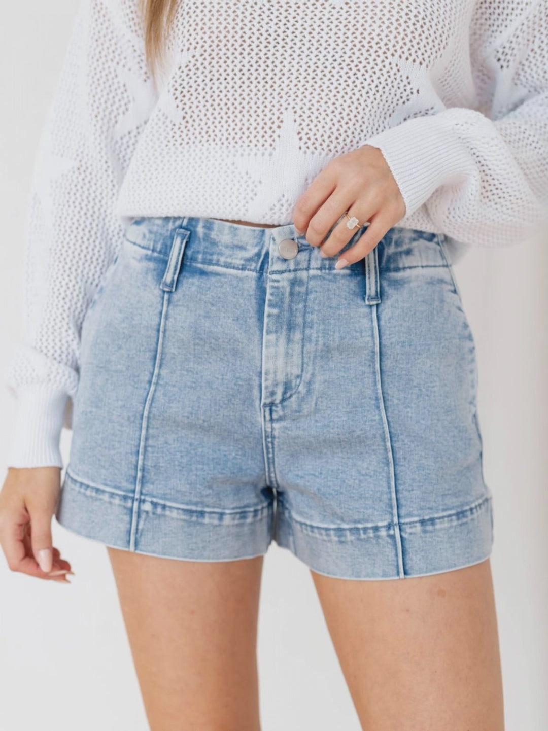 high rise washed denim shorts