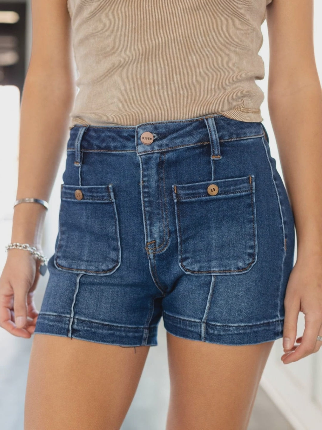 denim patch pocket shorts