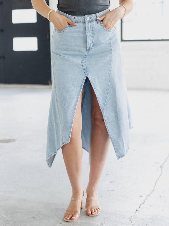 flirty front slit denim skirt