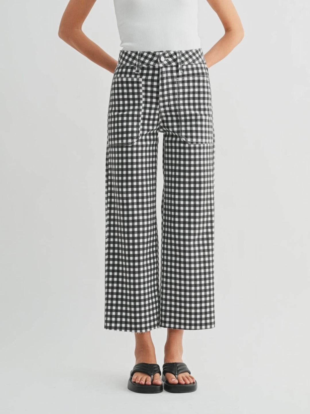 black and white gingham printed denim