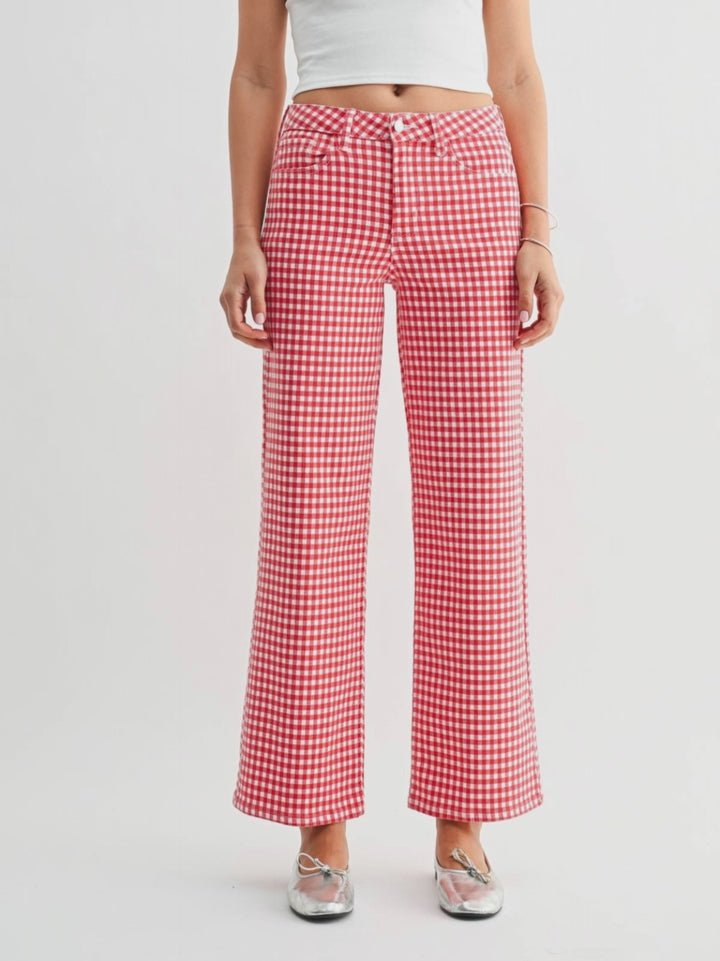 red and white printed denim
