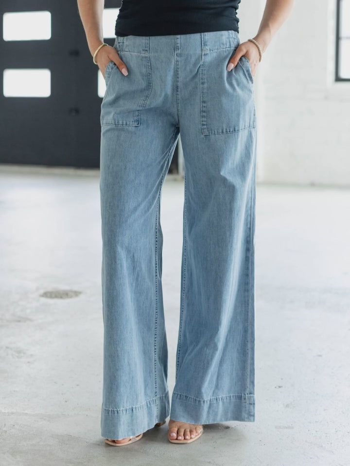 pull on wide leg denim jeans