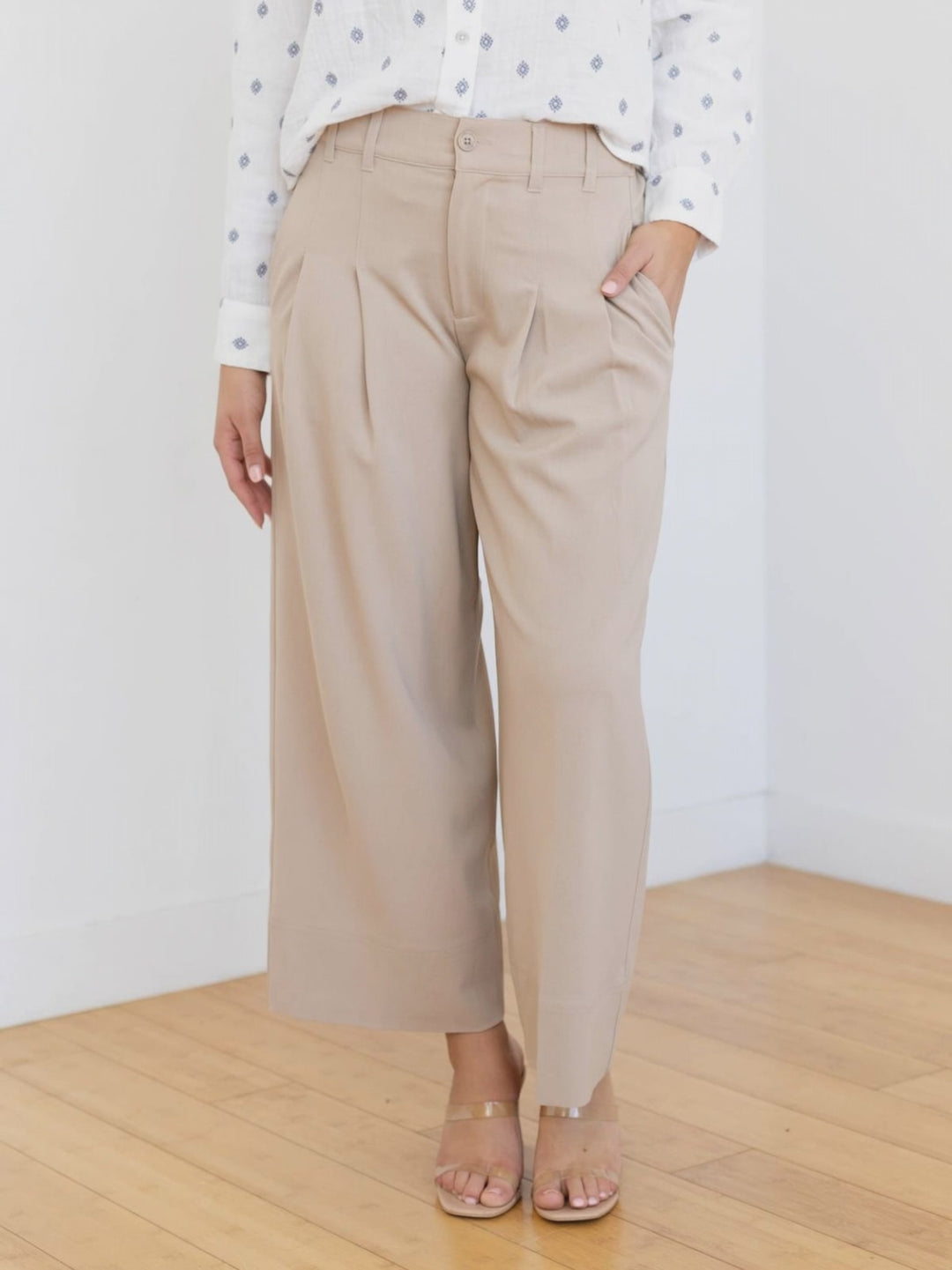 khaki pleated pants