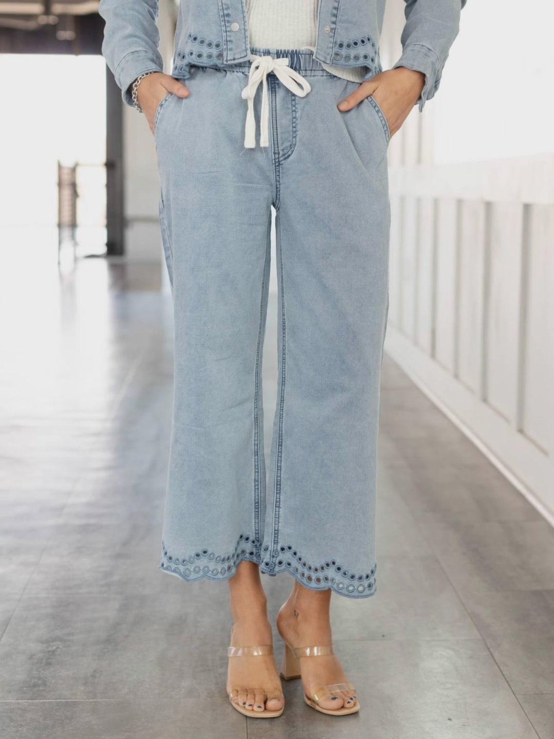lightweight denim with scalloped eyelet hem