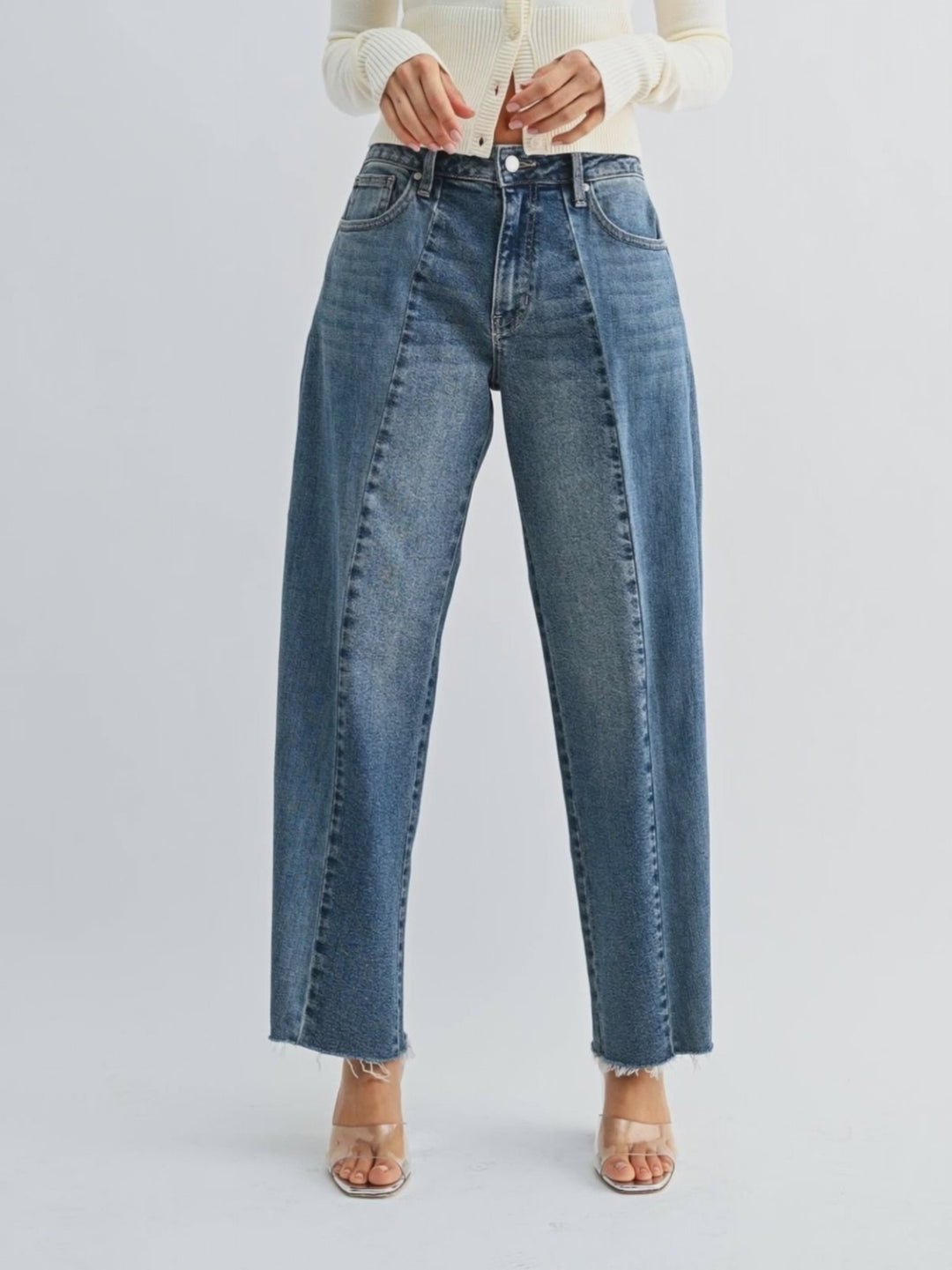 two tone seamed barrel denim jeans