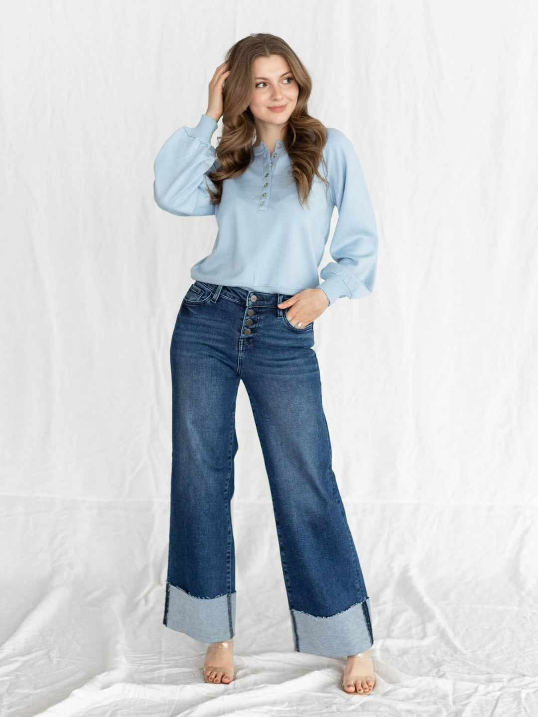 light blue half button sweater