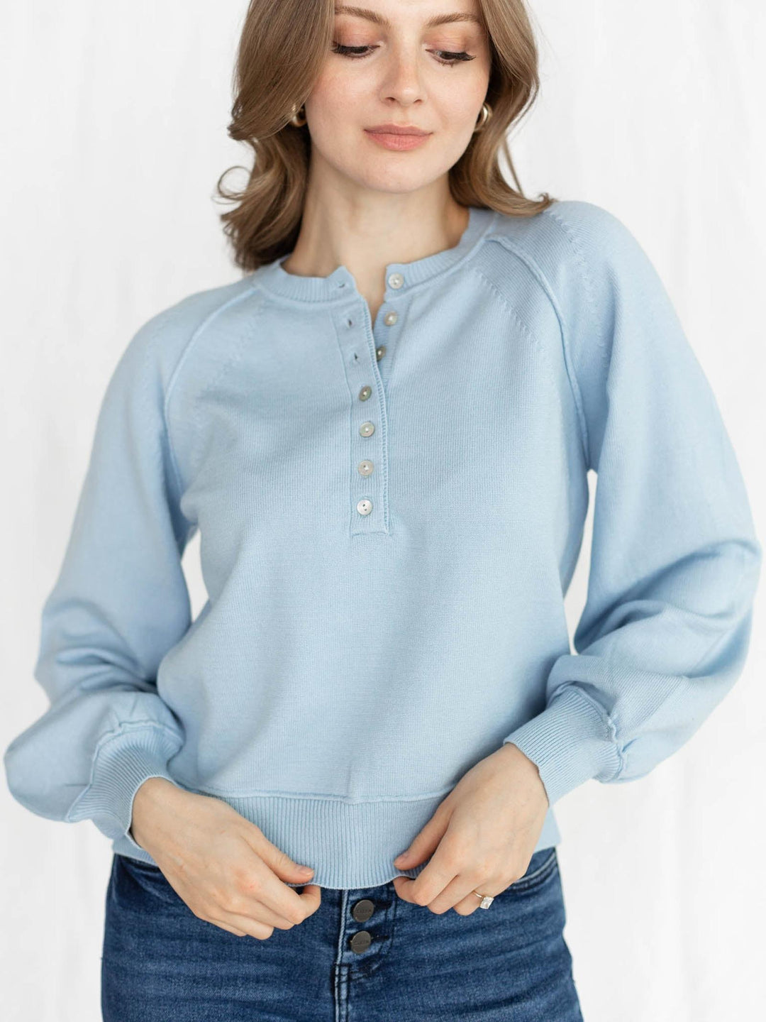 light blue half button sweater