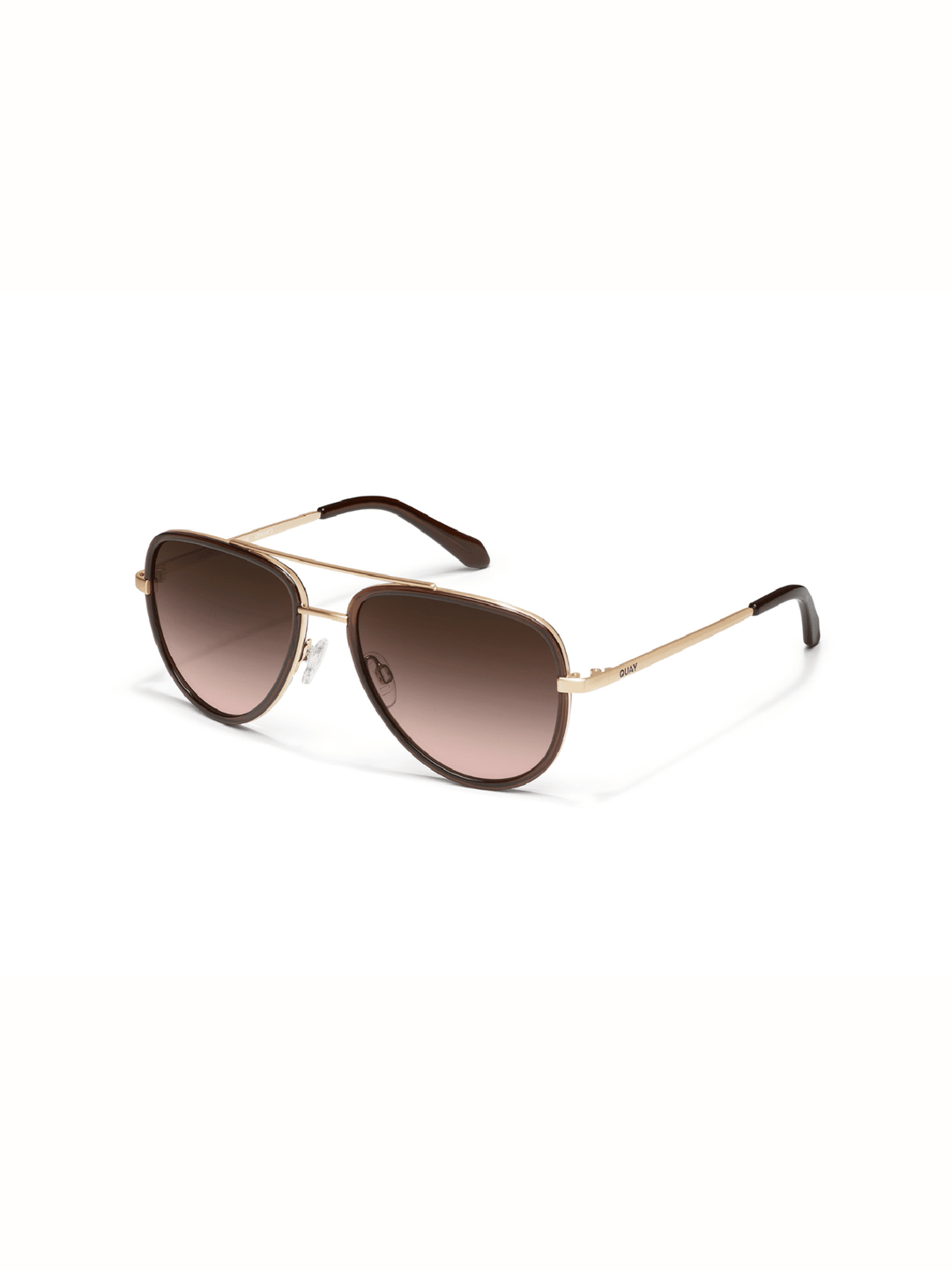 A pair of aviator-style sunglasses with a thin gold metal frame and brown gradient lenses, shown on a clean white background.