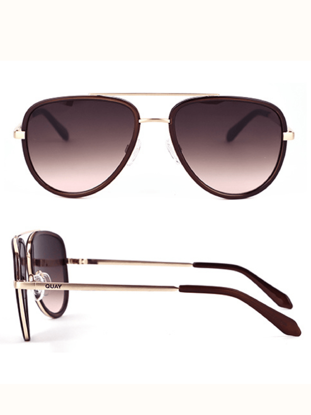 A pair of aviator-style sunglasses shown from the front and side on a plain white background. The frames are dark brown with gold metal rims and temples, and the lenses are gradient brown.