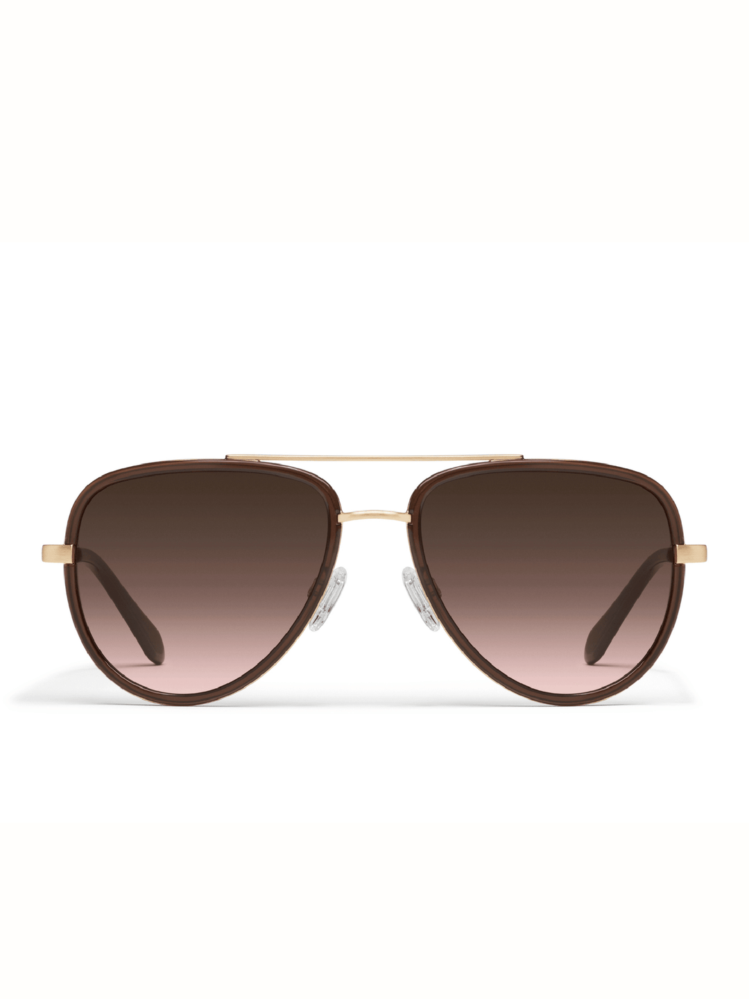 A pair of aviator sunglasses with a brown gradient lens, gold metal frame, and gold double bridge, shown against a plain white background.